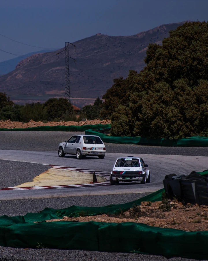 Two old Peugeot cars driving on track